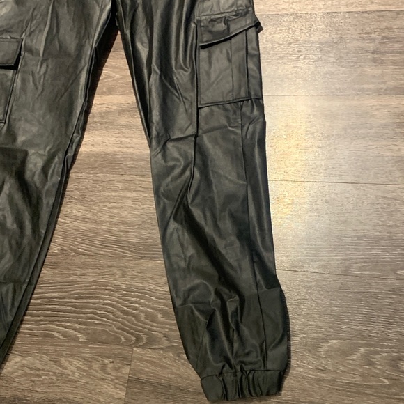 Black Faux Leather Cargo Pants with Smocked Waist & Ankles – Size Medium NWOT - Picture 3 of 10